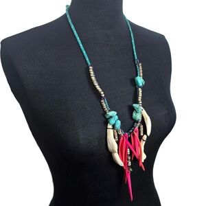 Handmade Tribal Turquoise Wood Silver Bead Bone Artisinal Necklace OOAK